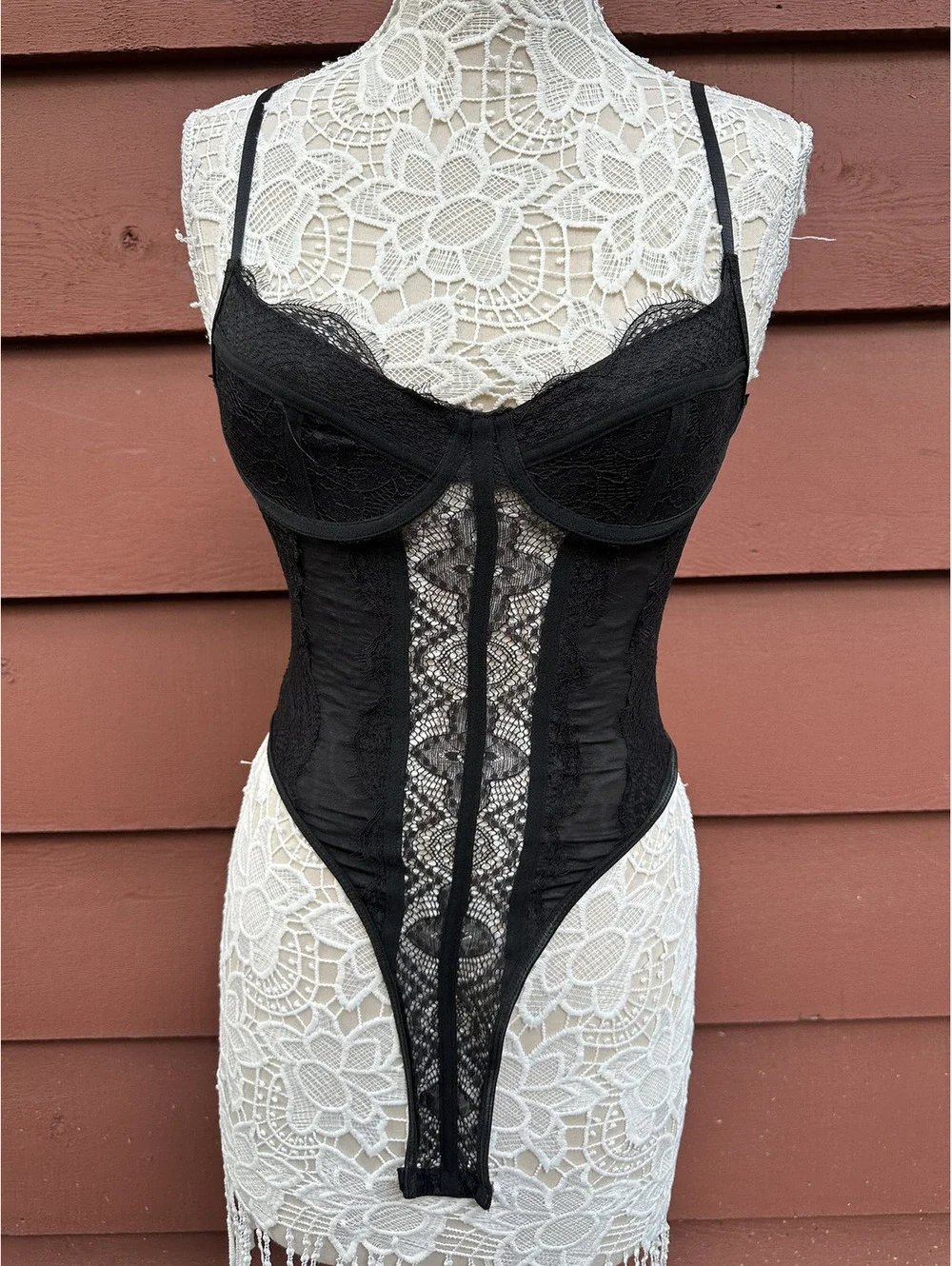 Black Lace Bustier Bodysuit Corset Style